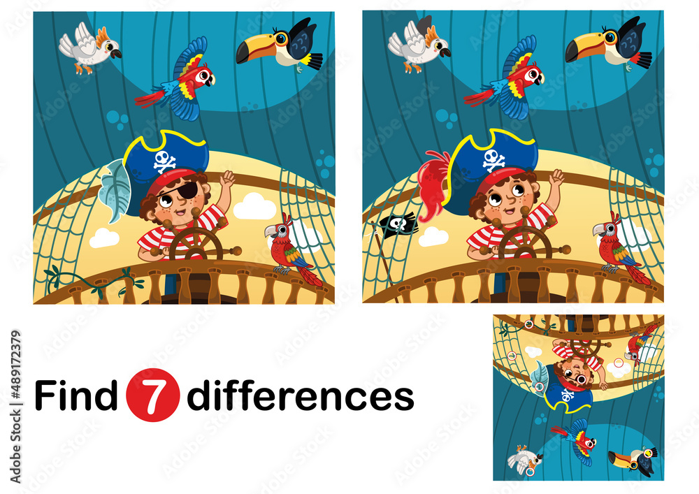 Find differences education game for children, pirate boy in the ship ...