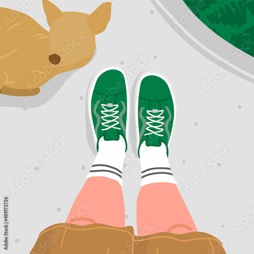 Young guy smart casual outfit legs selfie. Men's foot top view. Boy in shorts, long socks, and green sneakers walking on the street with dog. Summer time trendy look vector illustration. 