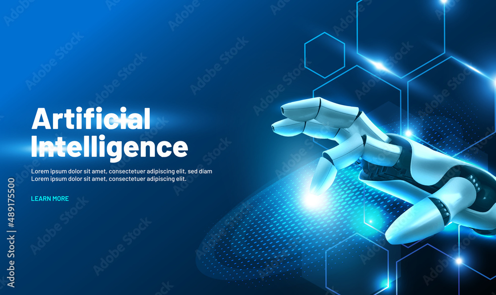 The robot mechanical arm or hand presses the index finger on the button a virtual holographic interface HUD on touch screen. Artificial Intelligence futuristic design concept.Vector illustration EPS10