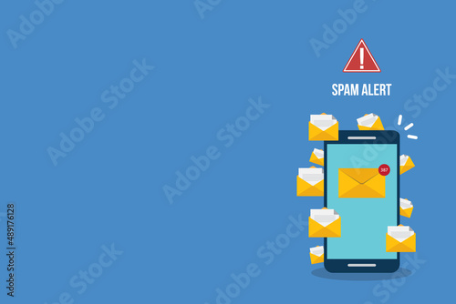 Spamming concept  a lot of emails on the screen of a smart phone. Email box hacking  spam warning. Vector illustration. 