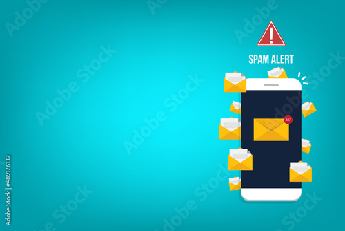Spamming concept, a lot of emails on the screen of a smart phone. Email box hacking, spam warning. Vector illustration.	