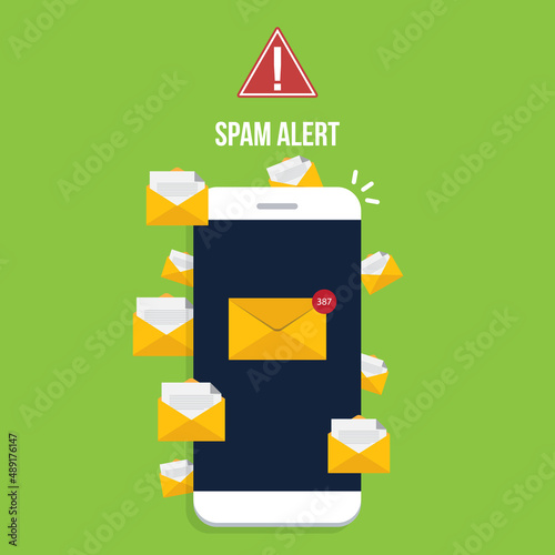 Spamming concept, a lot of emails on the screen of a smart phone. Email box hacking, spam warning. Vector illustration.	