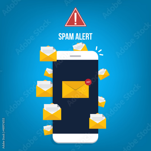 Spamming concept, a lot of emails on the screen of a smart phone. Email box hacking, spam warning. Vector illustration.	