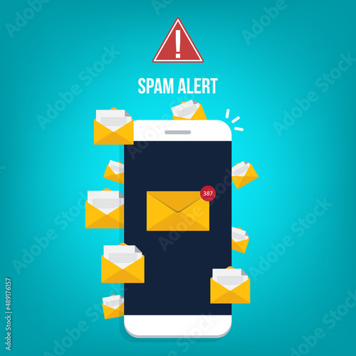 Spamming concept, a lot of emails on the screen of a smart phone. Email box hacking, spam warning. Vector illustration.	