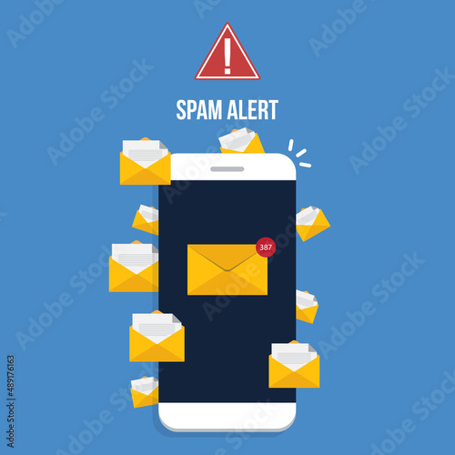 Spamming concept, a lot of emails on the screen of a smart phone. Email box hacking, spam warning. Vector illustration.	