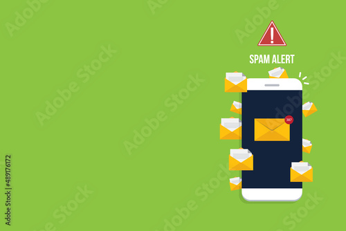 Spamming concept, a lot of emails on the screen of a smart phone. Email box hacking, spam warning. Vector illustration.	
