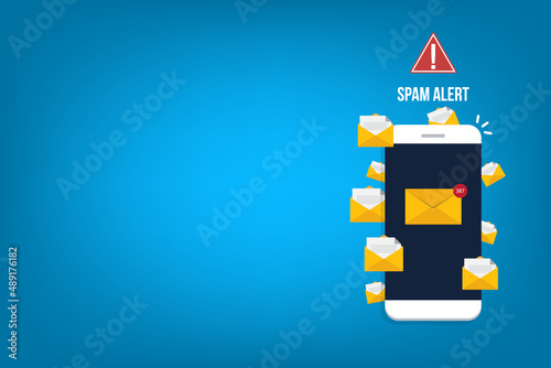 Spamming concept, a lot of emails on the screen of a smart phone. Email box hacking, spam warning. Vector illustration.	