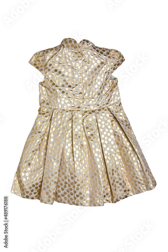Party dress isolated. Closeup of a beautiful festive golden sleeveless baby girl dress isolated on a white background. Kids summer clothes.