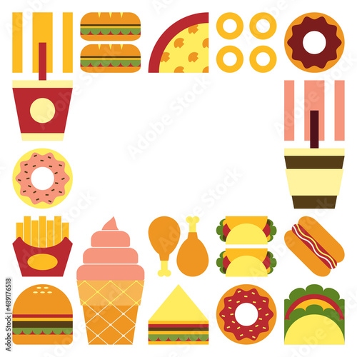 Flat minimalist geometric fast food symbol artwork poster with colorful simple shapes. Abstract vector pattern design of junk food and drink. Burgers, pizza, french fries, soda, coffee and ice cream.