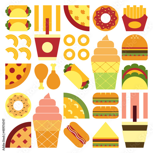 Flat minimalist geometric fast food symbol artwork poster with colorful simple shapes. Abstract vector pattern design of junk food and drink. Burgers, pizza, french fries, soda, coffee and ice cream.