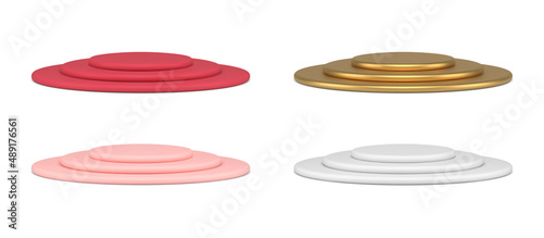 Collection realistic multilevel circled three section podium isometric vector illustration