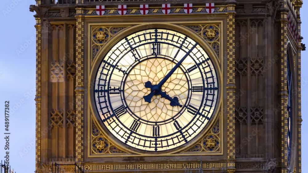 Hyperlapse of Big Ben clock face of the newly refurbished Elizabeth Tower in Westminster, London, UK.