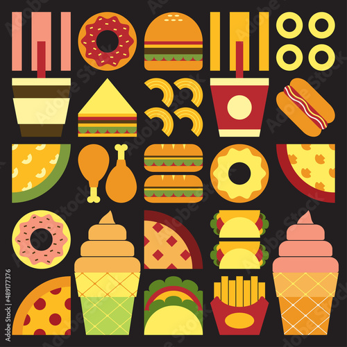 Flat minimalist geometric fast food symbol artwork poster with colorful simple shapes. Abstract vector pattern design of junk food and drink. Burgers, pizza, sandwiches, donuts, coffee and ice cream.