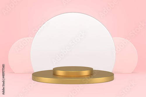 Expensive golden metallic multilevel stage podium with vertical white wall decorative 3d vector