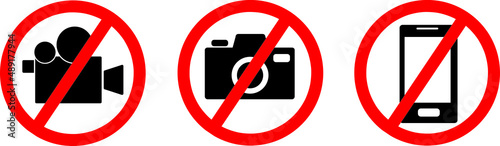 Photo, video and phone prohibition symbol sign set. No photographing and filming prohibit icon logo collection. Vector illustration