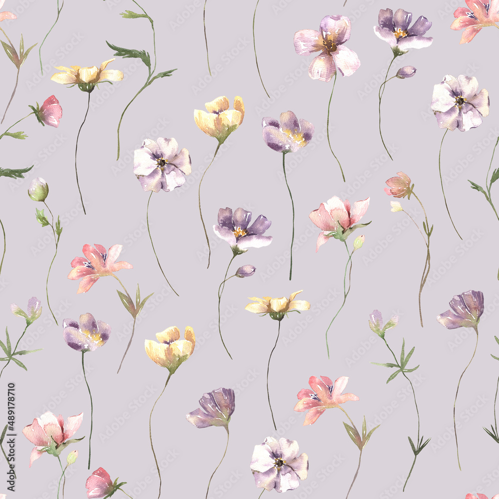 Seamless pattern with hand painted watercolor flowers. Cute design for Summer textile design, scrapbook paper, decorations. Floral seamless pattern. High quality illustration