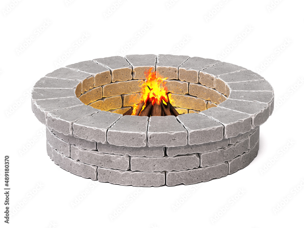 Stone fire pit isolated on white background 3d rendering - obrazy, fototapety, plakaty 
