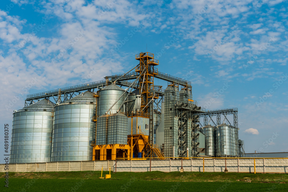 A large modern plant for the storage and processing of grain crops. view of the granary on a sunny day against the blue sky. End of harvest season. silver silos on agro manufacturing plant A large modern plant for the storage and processing of grain crops. view of the granary on a sunny day against the blue sky. End of harvest season. silver silos on agro manufacturing plant