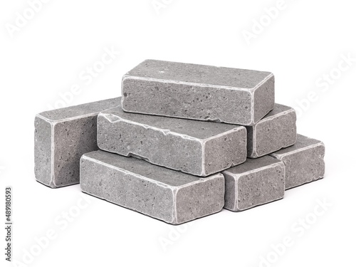 Stone bricks stack, pile of gray concrete building blocks isolated on white background 3d rendering