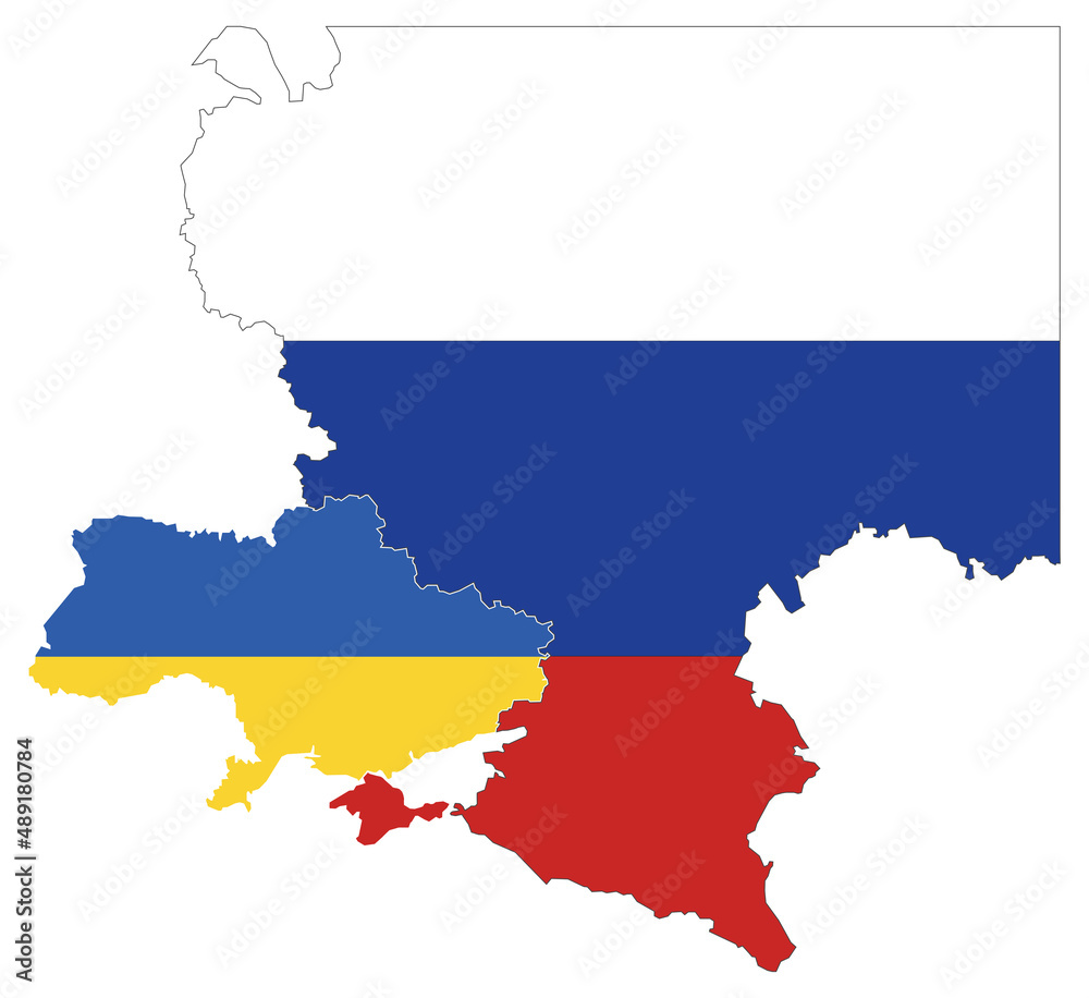 Ukraine and Russia map with national flag