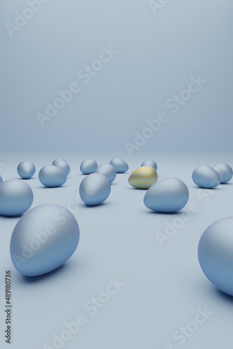 Many blue Easter eggs with one golden egg on a blue background, 3d rendering