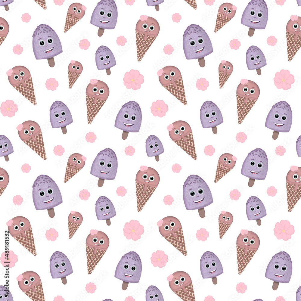 Eis in der Waffel oder Eis am Stiel mit fröhlichem Cartoon Gesicht als Wiederholungsmuster