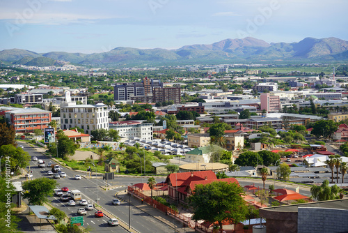12 February 2022 - Windhoek, Namibia : View across city center of Windhoek, capital city of Namibia