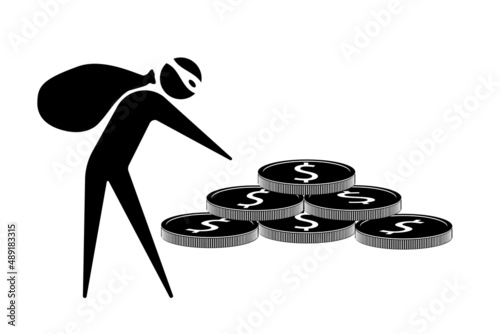 Thief icon with bag stealing dollar money. Vector illustration