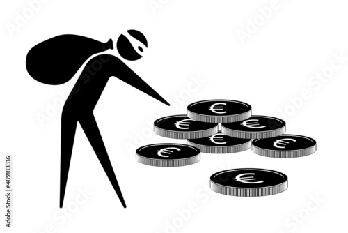Thief icon with bag stealing euro money. Vector illustration