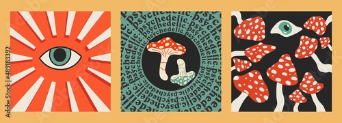 Hand-drawn abstract shapes. Set of multicolored vector illustrations. Cartoon, psychedelic style, flat design. All elements are isolated. Square posters, logo templates.