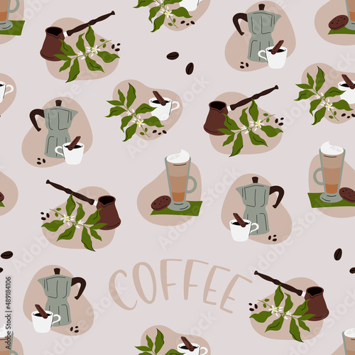 Seamless pattern with coffee drinks, barista tools, coffee beans