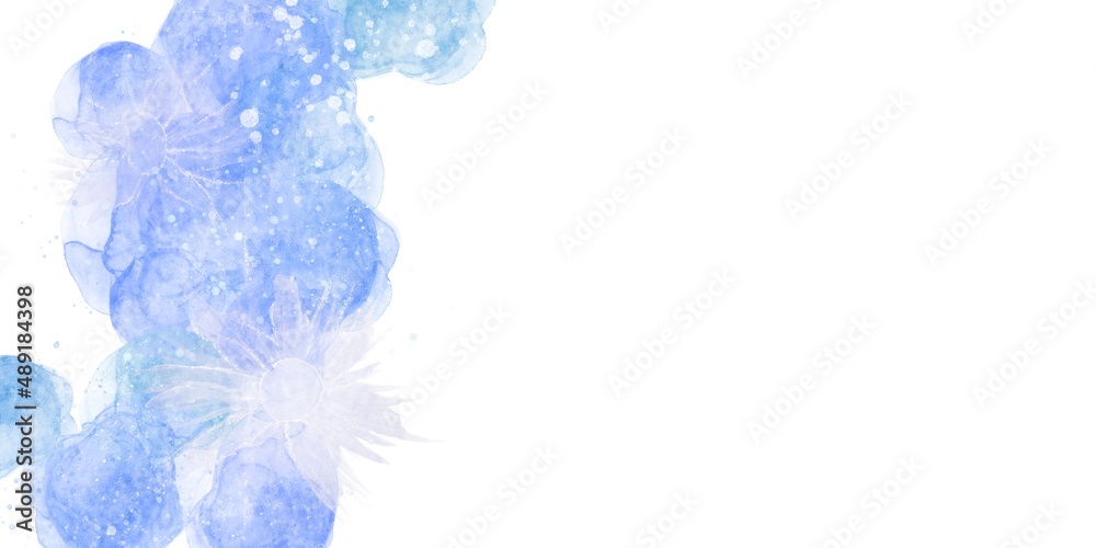 アルコールインクアート横長バナー）白背景に青紫マーブルと銀色の花　テンプレート　爽やか　冷たい　