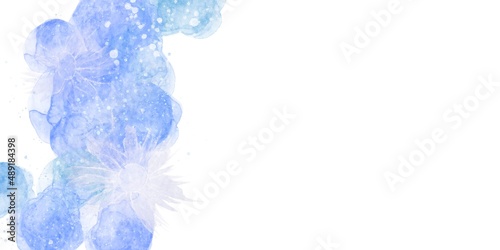 アルコールインクアート横長バナー）白背景に青紫マーブルと銀色の花 テンプレート 爽やか 冷たい 