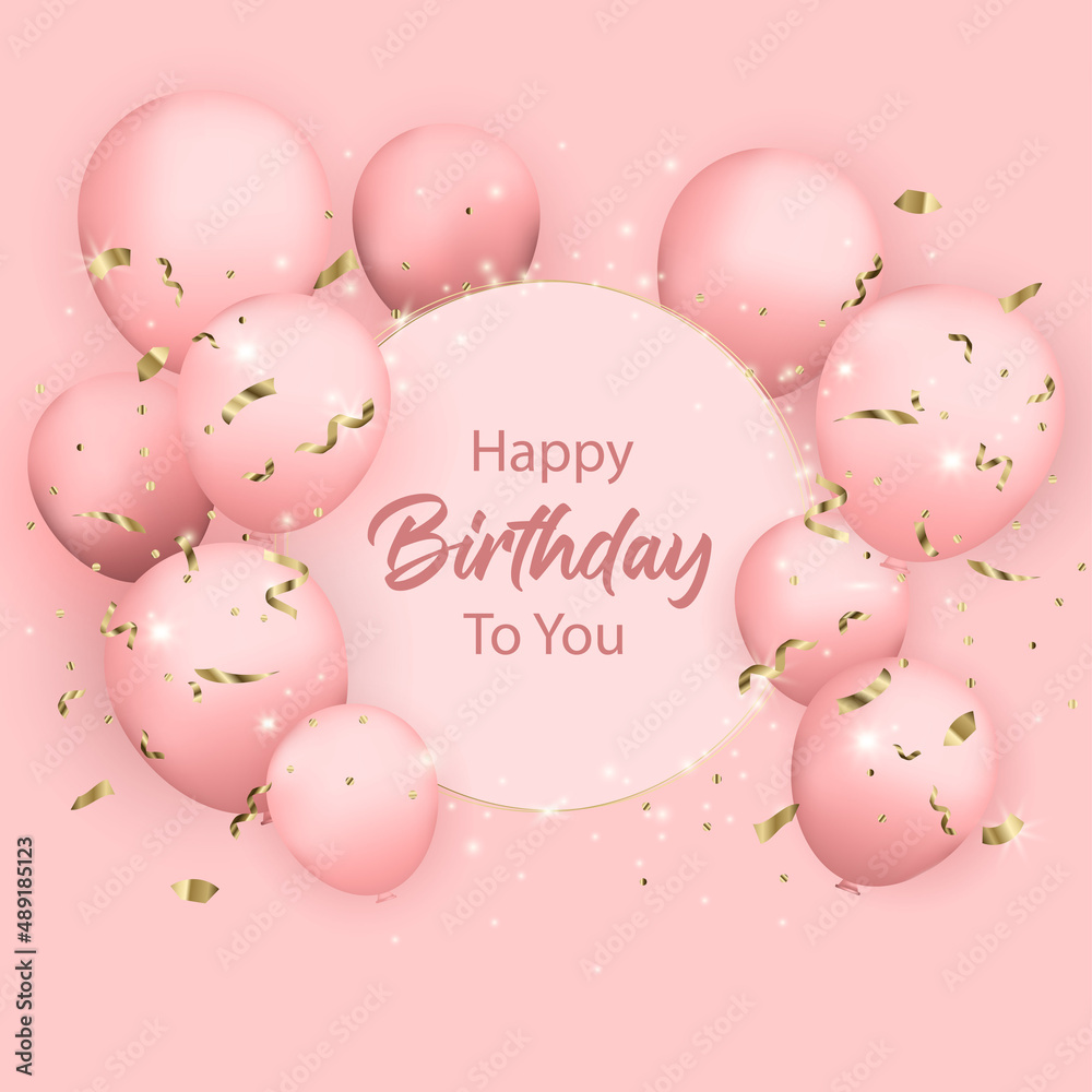 Birthday card with realistic pink balloons, serpentine, confetti and glitter. Luxury elegant design. Vector illustration.