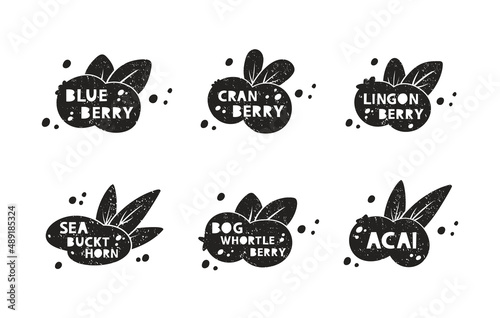 Berries, grunge stickers set. Blueberry, cranberry, lingonberry, acai, sea buckthorn, bog whortleberry. Black texture silhouette with lettering inside. Imitation of stamp. Hand drawn print with scuffs