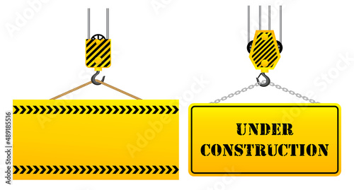 set of realistic under construction caution or crane hook yellow board hanging or caution banner under construction crane. eps vector