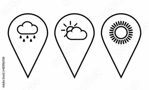 Map pin icon. Various location icons depicting weather, meteorology. GPS location symbol collection. Modern map markers. Vector icon isolated on transparent background