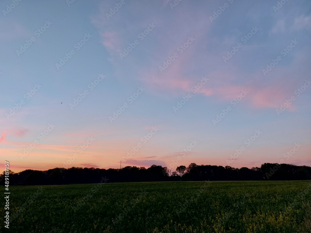 Sonnenuntergang, gefolgt von bunten Wolken. Der Himmel über den schlafenden Feldern und Bäumen. Die Natur malt den Himmel und löscht ihn aus. Romantische Szenen für Hintergründe. Dämmerung in Rottönen