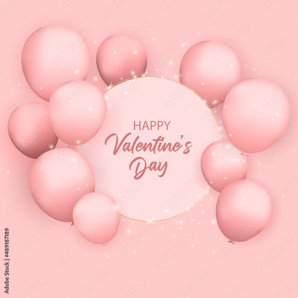 Happy Valentine's day with realistic balloons, serpentine, confetti and glitter. Luxury elegant design. Celebration card. Vector illustration.