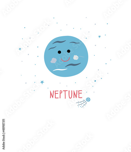 Hand-drawn Cute planet Neptune in cartoon style on a white background, hand lettering neptune