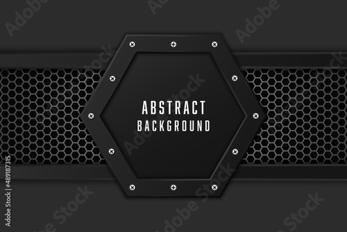 Vector geometric metal plate with screws. Drak hexagon mesh pattern design futurisc background.