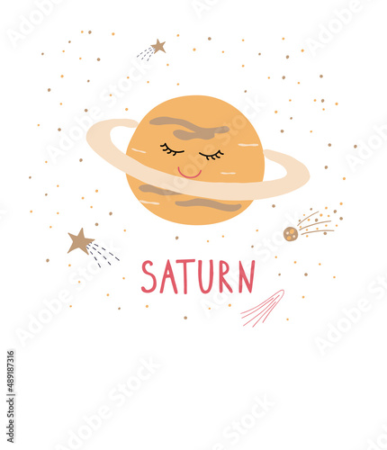 Hand-drawn Cute planet Saturn in cartoon style on a white background, hand lettering saturn
