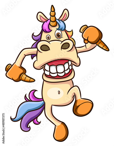 The crazy unicorn holding the horn and attack the people