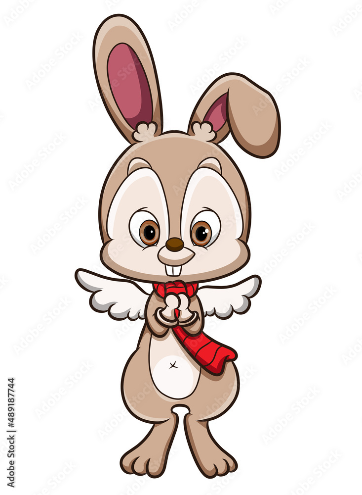 The cute rabbit with the wings is hopping
