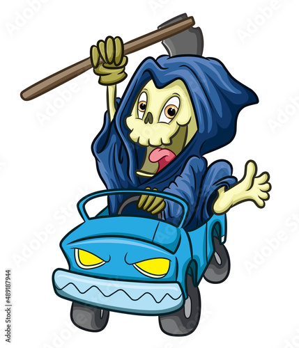 The funny grim reaper is driving a car very fast