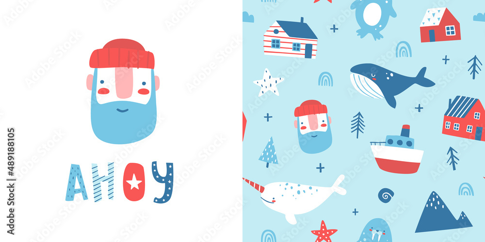 Fototapeta premium Cute scandinavian sea pattern with print. Nordic marine collection for apparel design. Seamless vector pattern.