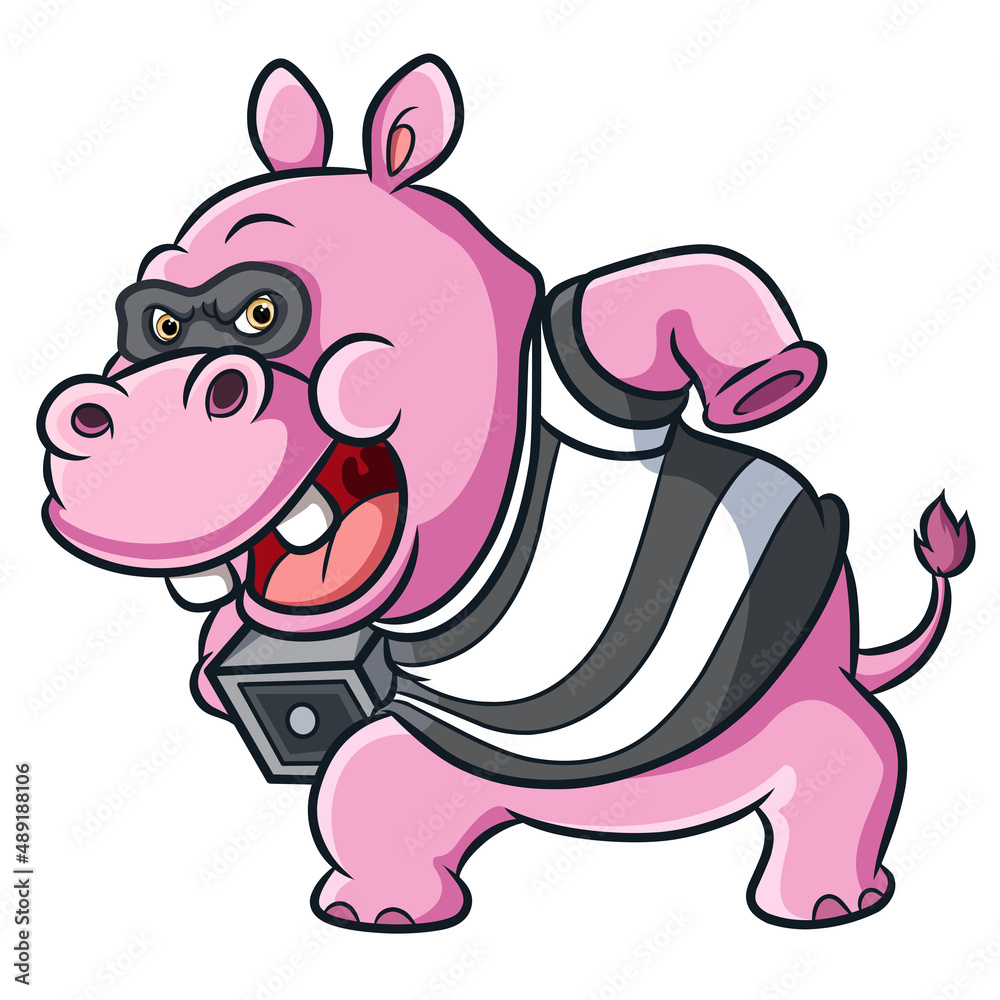 Fototapeta premium The robber hippopotamus is stealing a safe box from bank