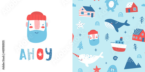 Cute scandinavian sea pattern with print. Nordic marine collection for apparel design. Seamless vector pattern.