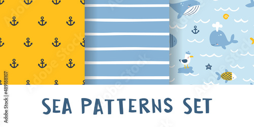 Cute sea baby patterns collection. Marine prints doodle complimentary set. Bundle of aquatic patterns for textile.