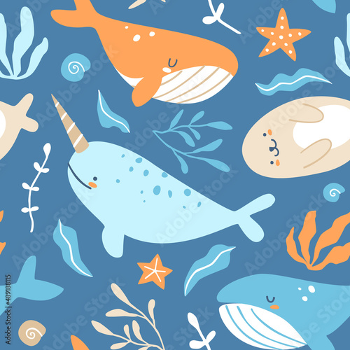 Organic style sea life pattern. Seamless cartoon vector underwater print for textile and surface design.